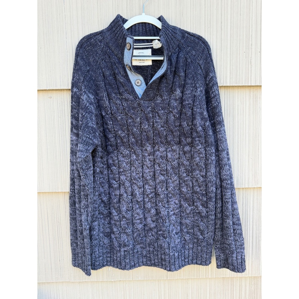 Weatherproof Vintage Mens Navy Cable Knit Quarter Button Mock Neck Sweater L